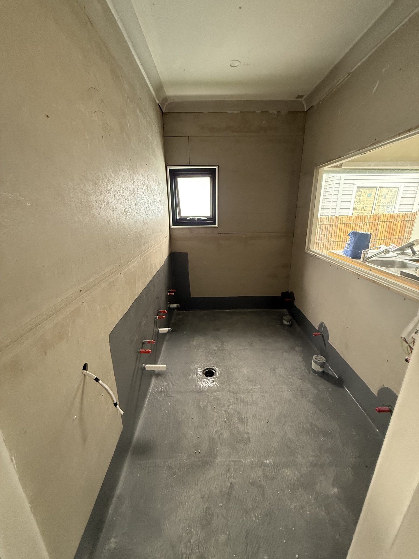 Waterproofed bathroom before tiling Sydney